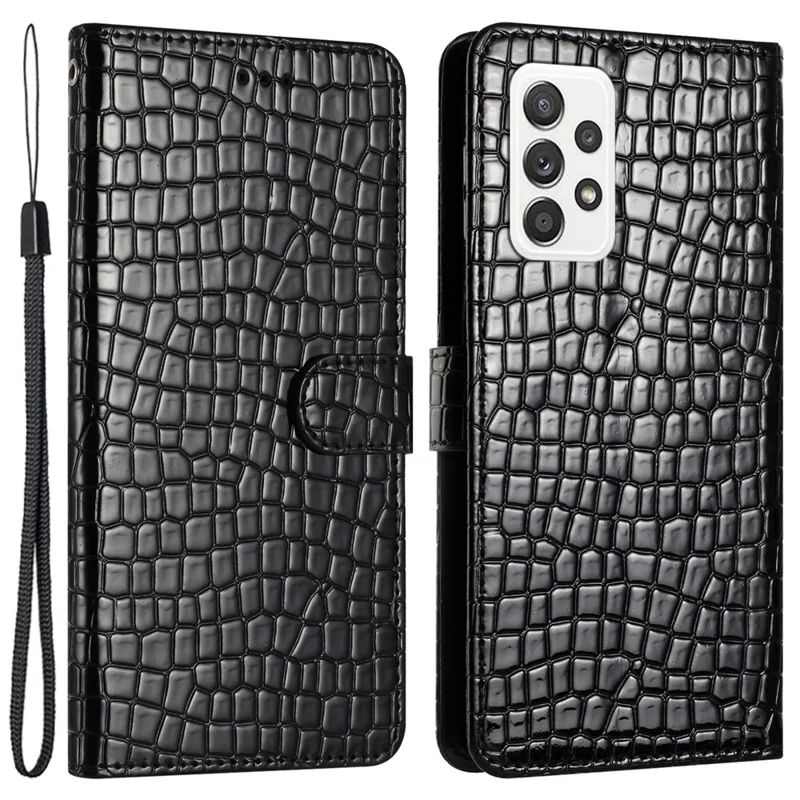 Magnetic Clasp Shell for Samsung Galaxy A32 4G (EU Version) , Phone Leather Wallet Stand Cover Crocodile Texture Case with Strap - Black