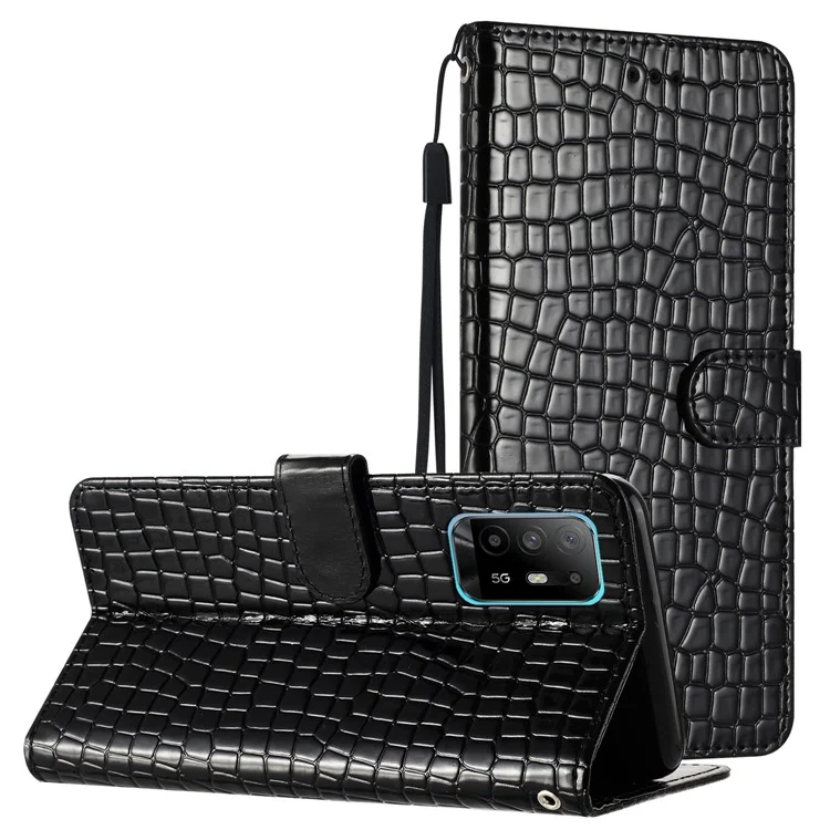 Shockproof Shell for Oppo A94 5G , Phone Leather Wallet Stand Cover Crocodile Texture Case with Strap - Black