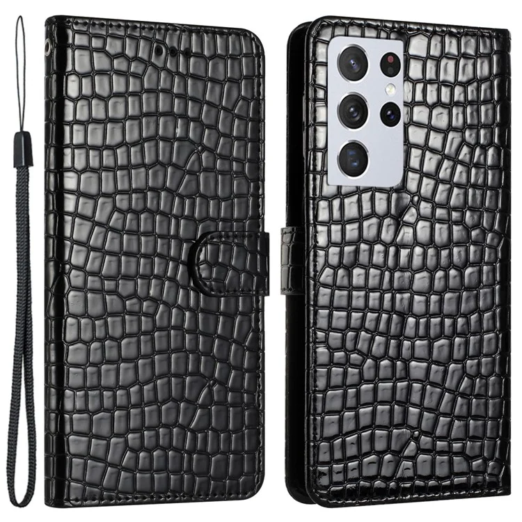 Stand Shell for Samsung Galaxy S21 Ultra 5G Wallet Cover Crocodile Texture Smart Phone Leather Case with Strap - Black