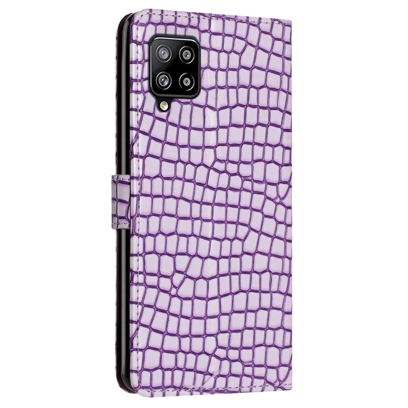 For Samsung Galaxy M32 (Global Version) 4G PU Leather Phone Stand Cover Wallet Crocodile Texture Anti-fall Case with Strap - Purple