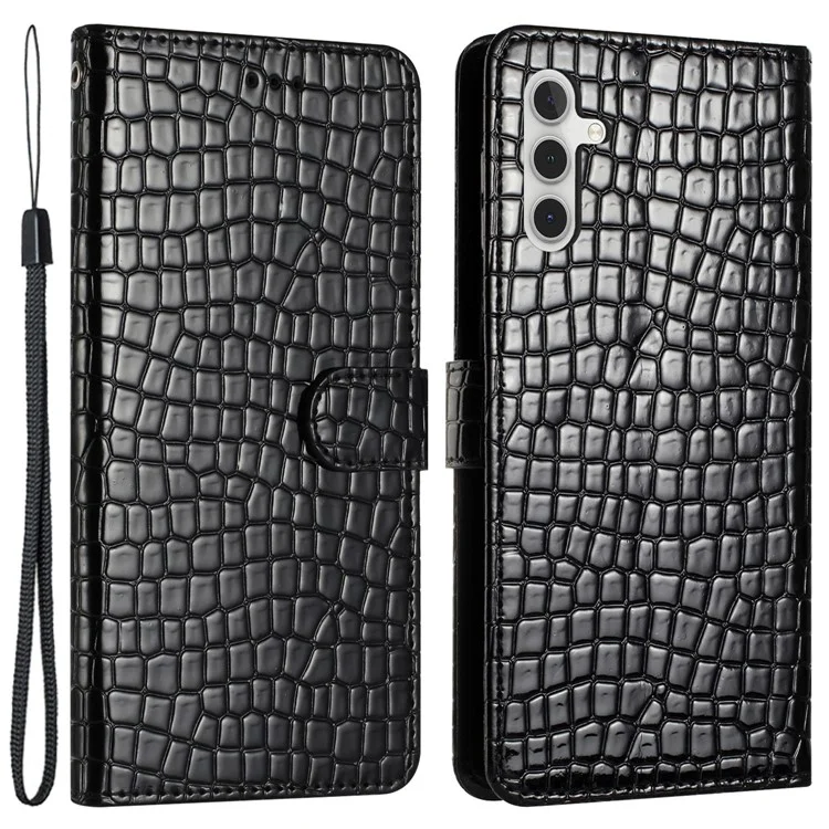 Pour Samsung Galaxy A13 4G Stand Cover Wallet Design Anti-fall Crocodile Texture Leather Phone Case with Strap - Black