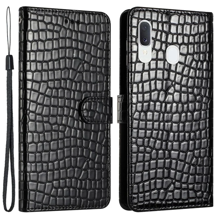 For Samsung Galaxy A40 Full Protection Stand Cover Crocodile Texture Leather Wallet Phone Case with Strap - Black