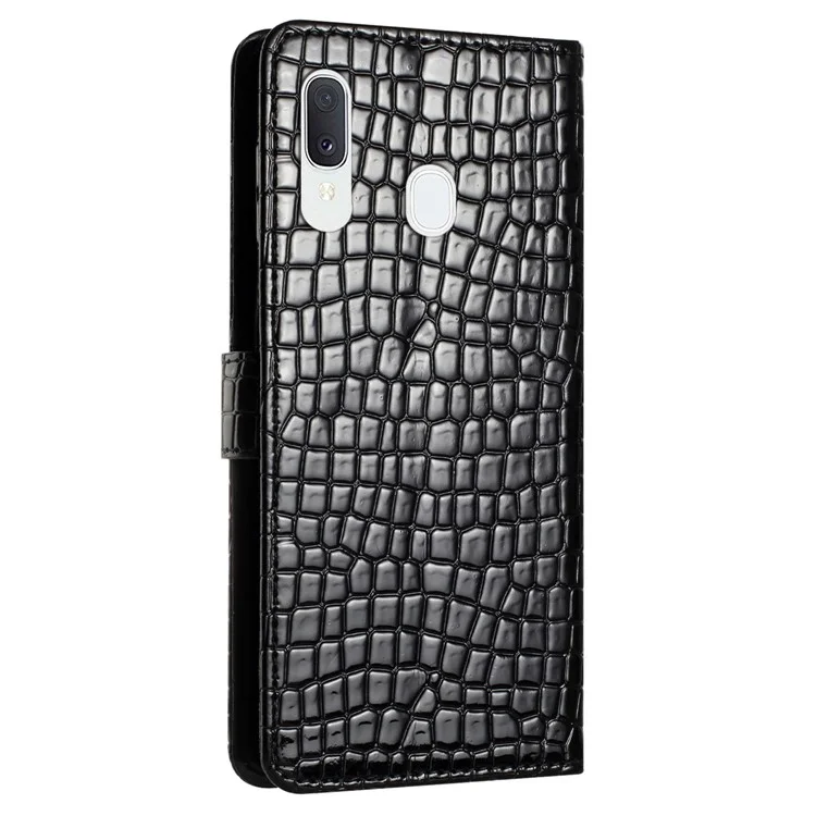 For Samsung Galaxy A40 Full Protection Stand Cover Crocodile Texture Leather Wallet Phone Case with Strap - Black