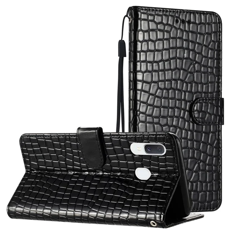 For Samsung Galaxy A40 Full Protection Stand Cover Crocodile Texture Leather Wallet Phone Case with Strap - Black