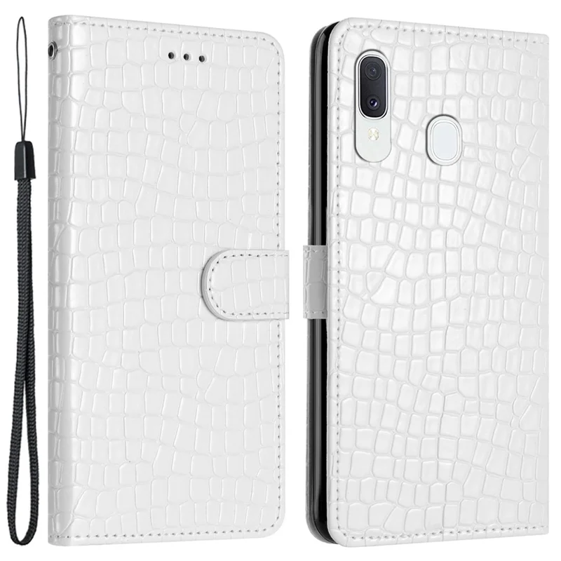 For Samsung Galaxy A40 Full Protection Stand Cover Crocodile Texture Leather Wallet Phone Case with Strap - White
