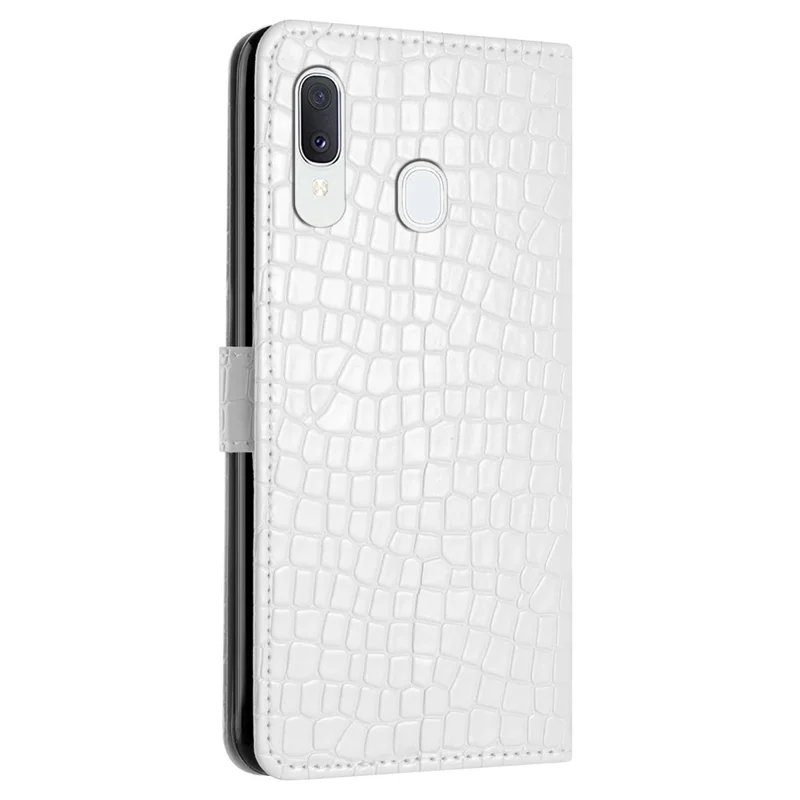 For Samsung Galaxy A40 Full Protection Stand Cover Crocodile Texture Leather Wallet Phone Case with Strap - White