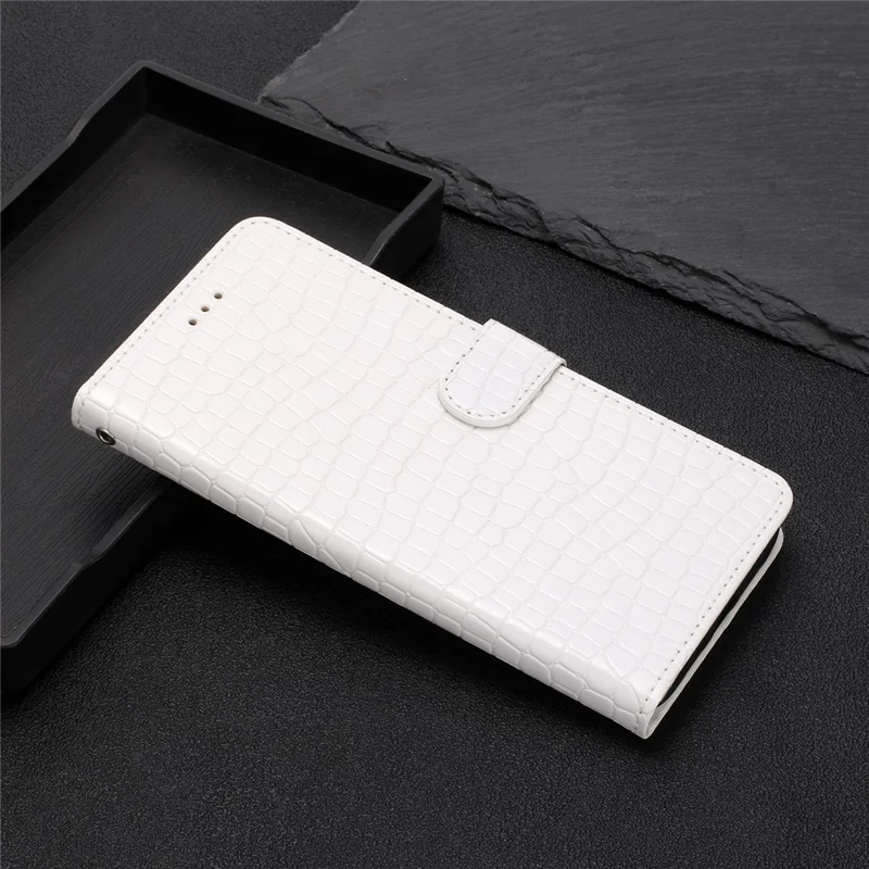 For Samsung Galaxy A40 Full Protection Stand Cover Crocodile Texture Leather Wallet Phone Case with Strap - White