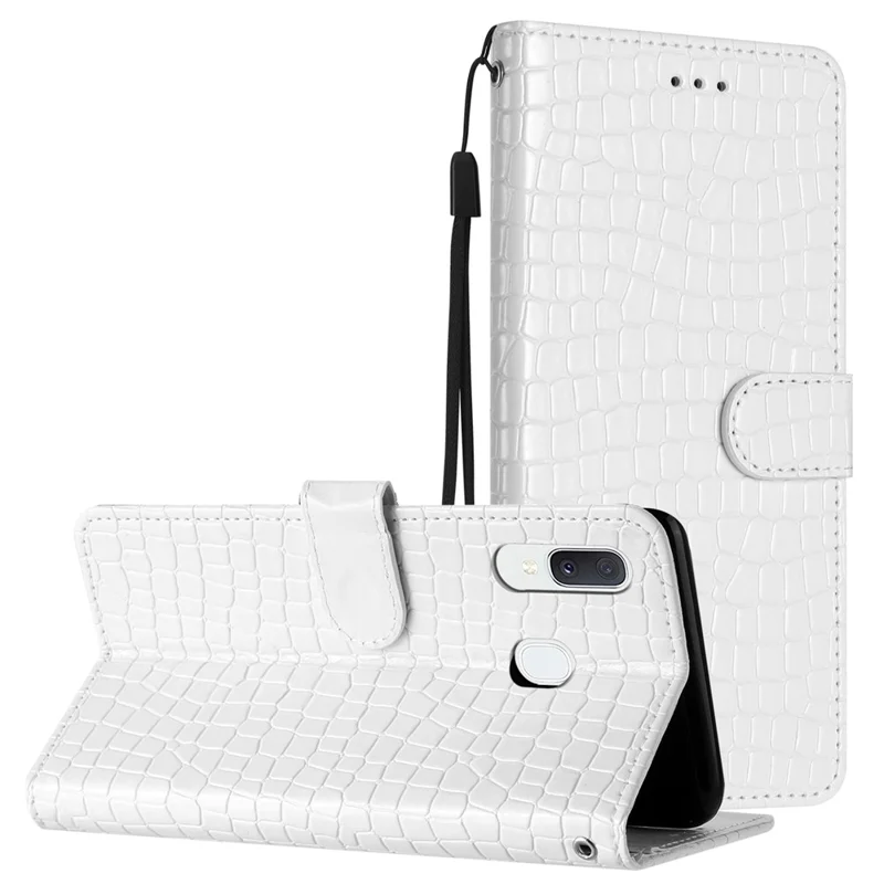For Samsung Galaxy A40 Full Protection Stand Cover Crocodile Texture Leather Wallet Phone Case with Strap - White