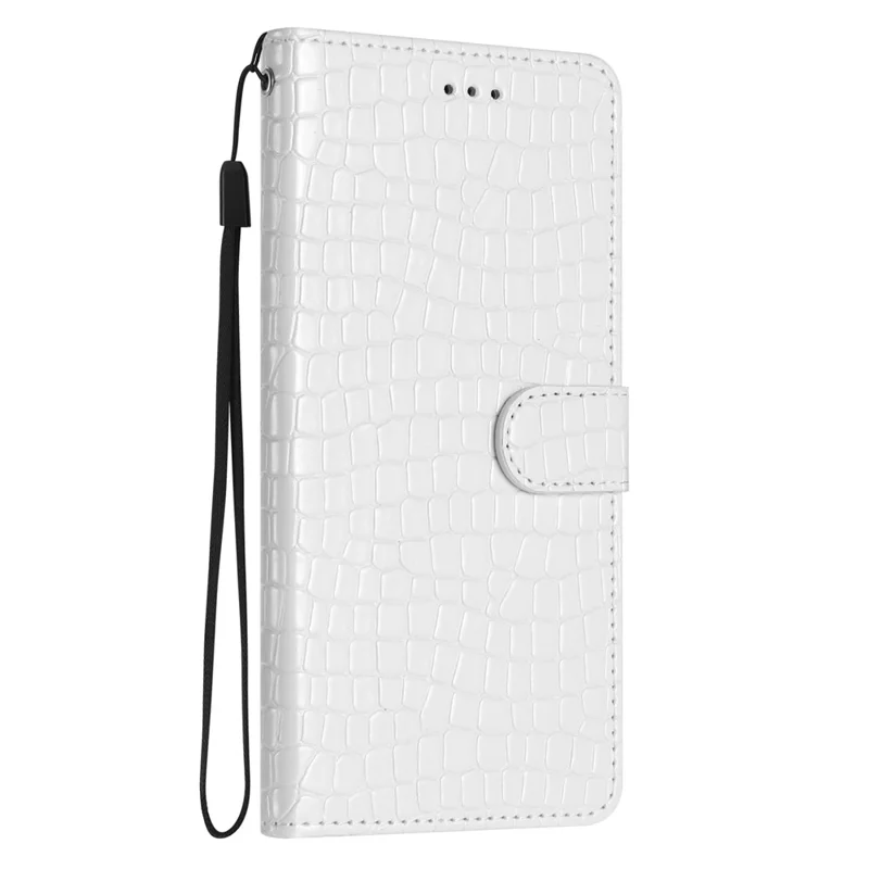 For Samsung Galaxy A40 Full Protection Stand Cover Crocodile Texture Leather Wallet Phone Case with Strap - White
