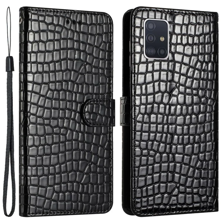 For Samsung Galaxy A51 4G SM-A515 Crocodile Texture Stand Cover Leather Wallet Design Phone Case with Strap - Black