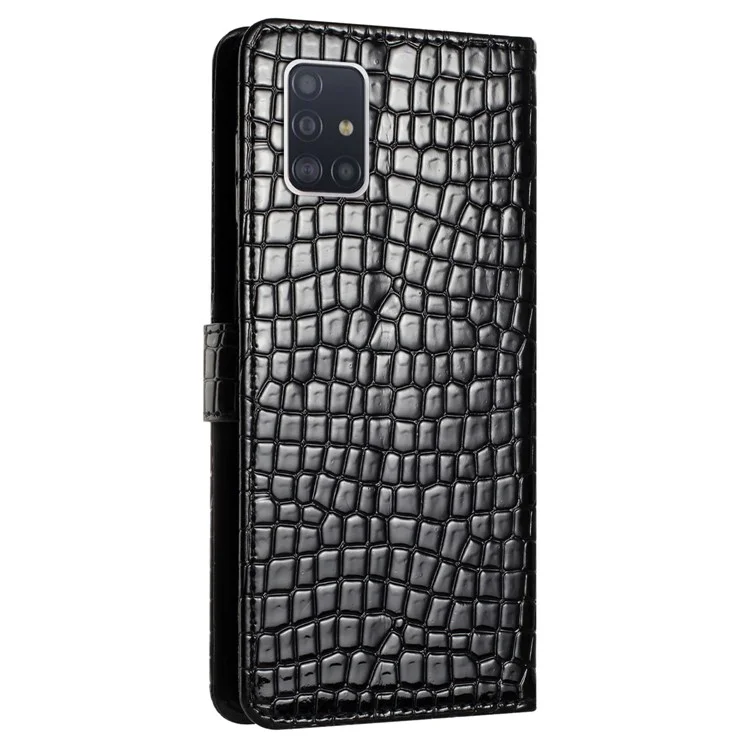For Samsung Galaxy A51 4G SM-A515 Crocodile Texture Stand Cover Leather Wallet Design Phone Case with Strap - Black