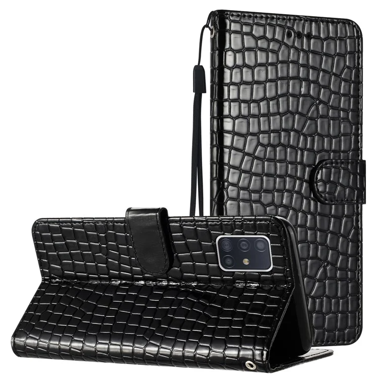 For Samsung Galaxy A51 4G SM-A515 Crocodile Texture Stand Cover Leather Wallet Design Phone Case with Strap - Black