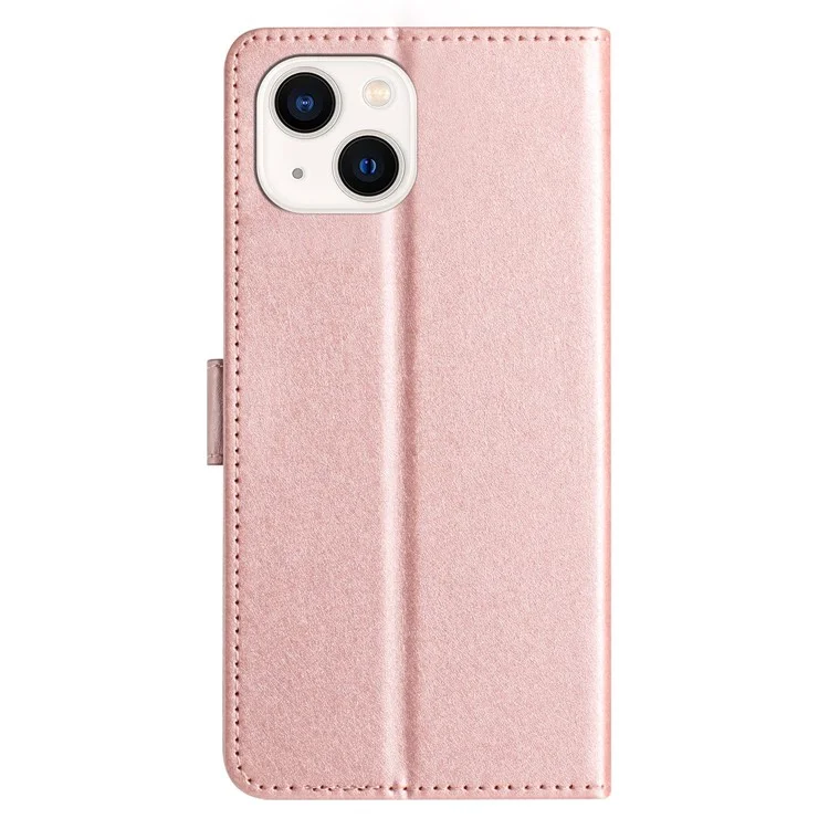Pour iPhone 15 PU Leather+TPU Silk Texture Wallet Stand Phone Cover Protective Case with Strap - Rose Gold