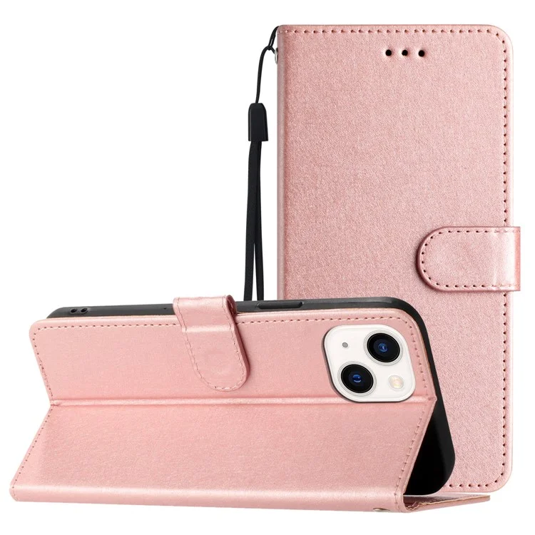 Pour iPhone 15 PU Leather+TPU Silk Texture Wallet Stand Phone Cover Protective Case with Strap - Rose Gold