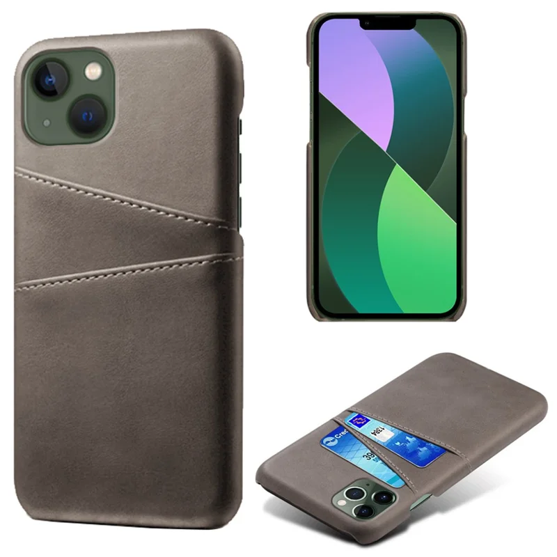 Dual Card Slots Phone Cover for iPhone 15 Plus, Anti-scratch PU Leather Coated PC Protective Back Case - Grey