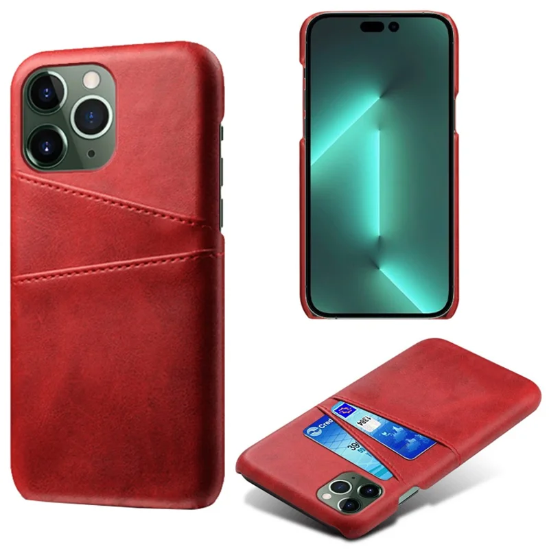 Phone Cover for iPhone 15 Pro , PU Leather Coated PC Protective Back Case with Dual Card Slots - Red