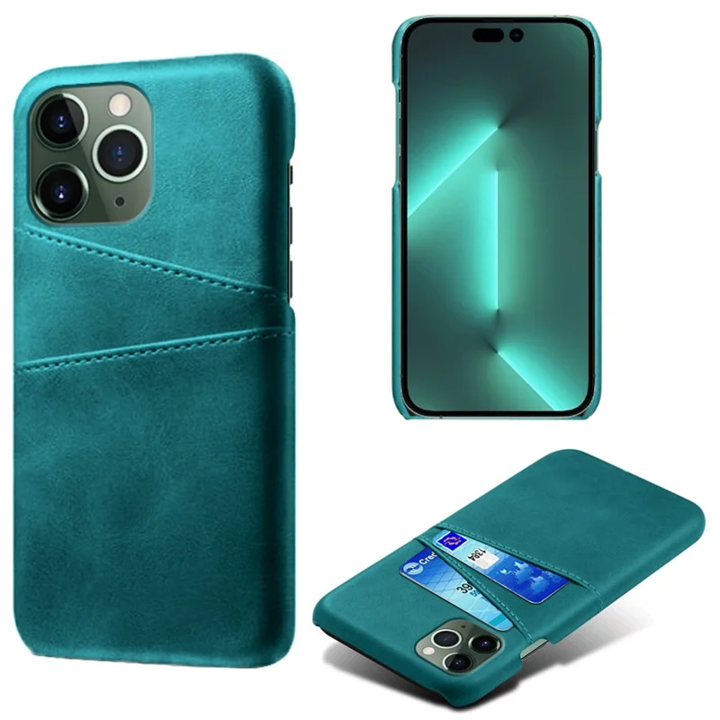 Capa de Telefone para iPhone 15 Pro, Capa Protetora de PC Revestida de Couro PU com Slots Duplos para Cartão - Verde