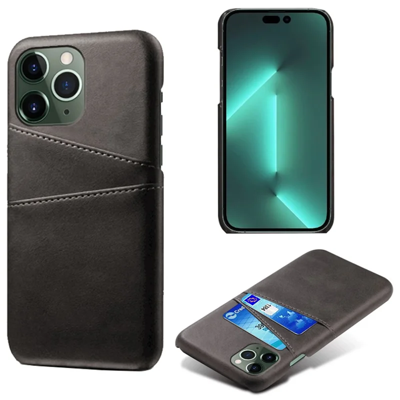Dual Card Slots Phone Cover for iPhone 15 Pro Max , PU Leather Coated PC Shockproof Back Case - Black