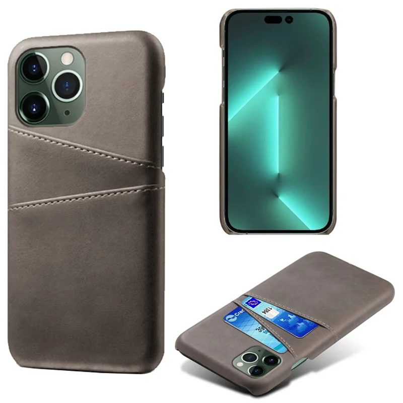 Dual Card Slots Phone Cover for iPhone 15 Pro Max , PU Leather Coated PC Shockproof Back Case - Grey
