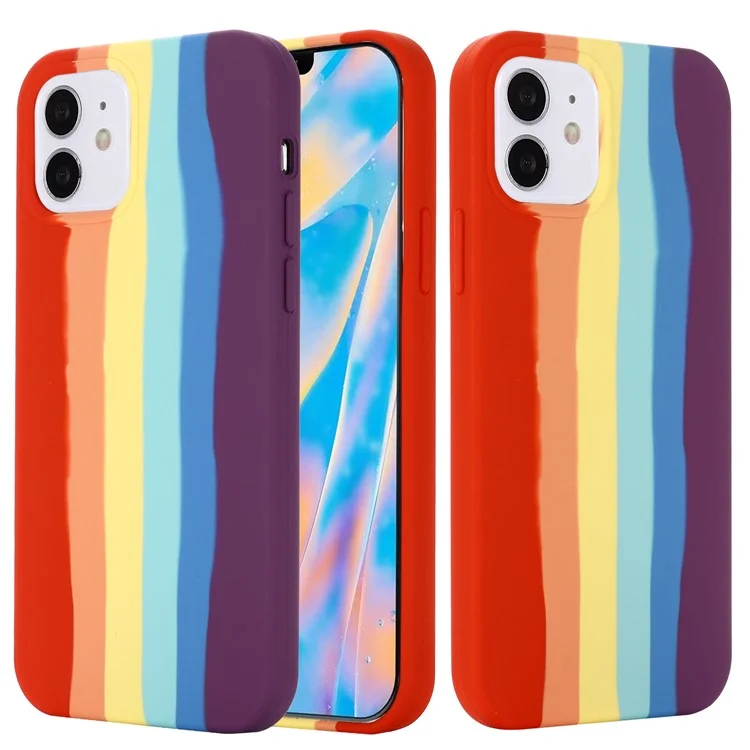 Phone Cover for iPhone 12 mini 5.4 inch , Rainbow Design Liquid Silicone Protective Back Case - Red