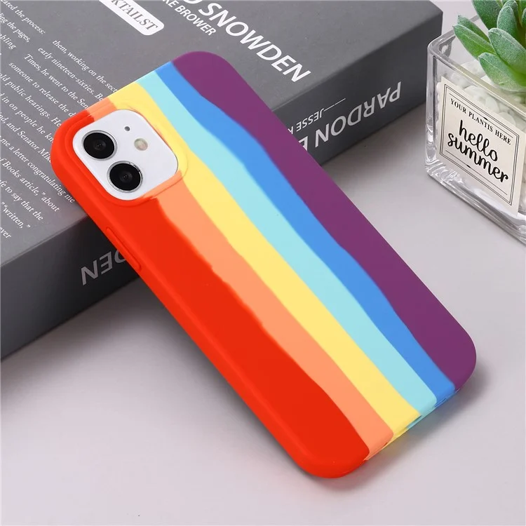 Phone Cover for iPhone 12 mini 5.4 inch , Rainbow Design Liquid Silicone Protective Back Case - Red