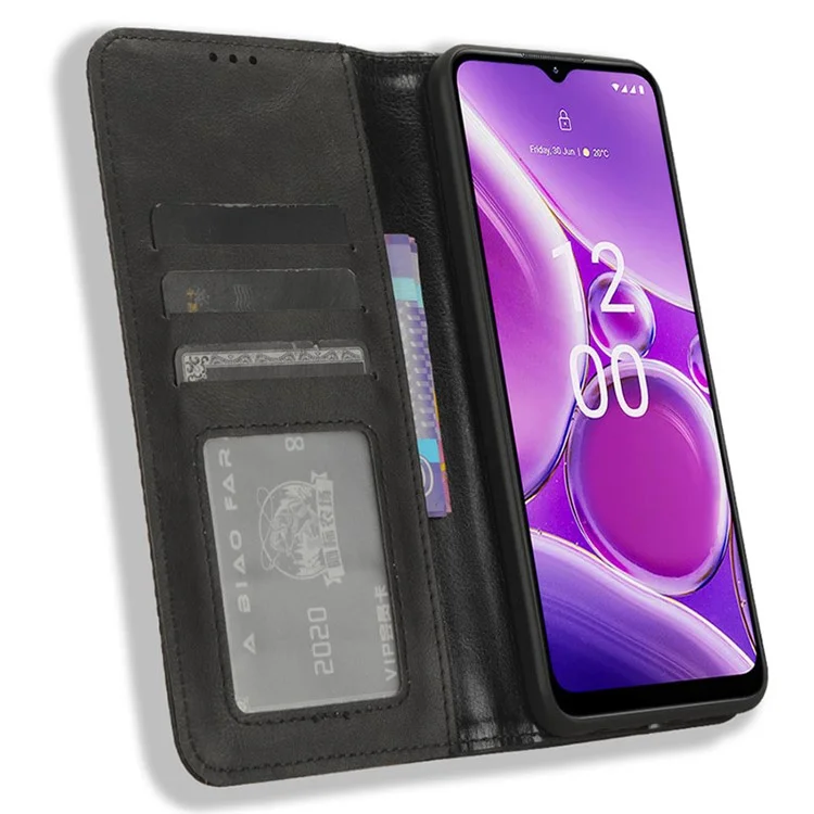 Carteira Retro Phone Case para Nokia C300, Capa de Telefone de Couro PU Anti-Arranhões com Suporte - Preta