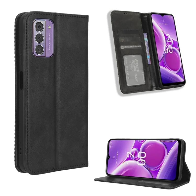 Carteira Retro Phone Case para Nokia C300, Capa de Telefone de Couro PU Anti-Arranhões com Suporte - Preta
