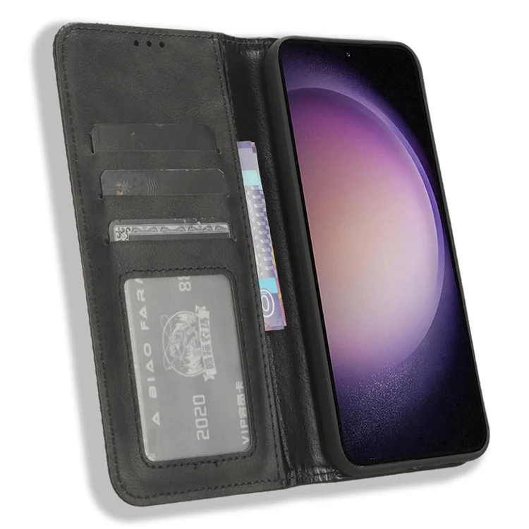 Stand Wallet Phone Case für Samsung Galaxy S23 FE, Retro PU-Leder Schutzhülle - Schwarz