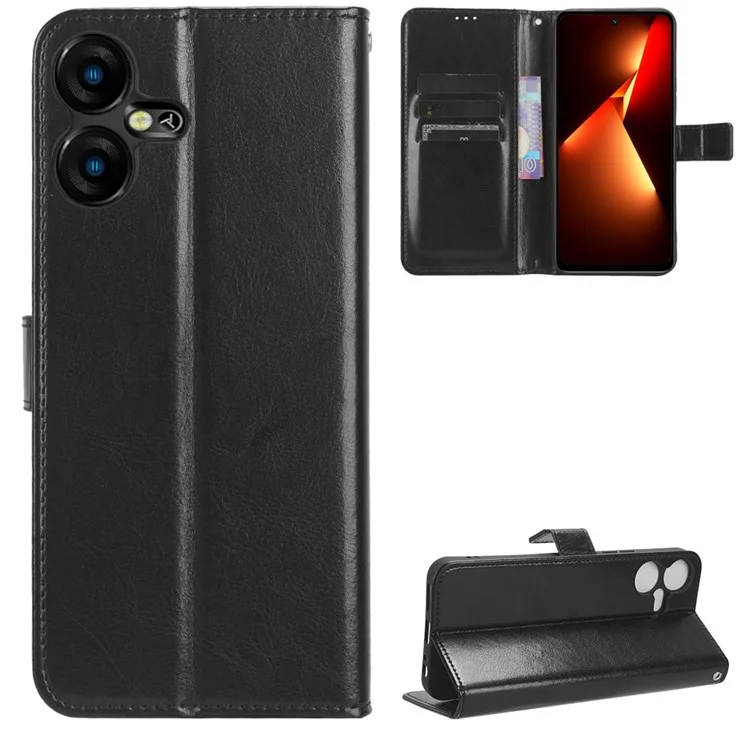 PU-Leder Crazy Horse Textur Hülle für TECNO Pova Neo 3 4G LH6n, Ständer Geldbörse Magnetverschluss Handyhülle - Schwarz