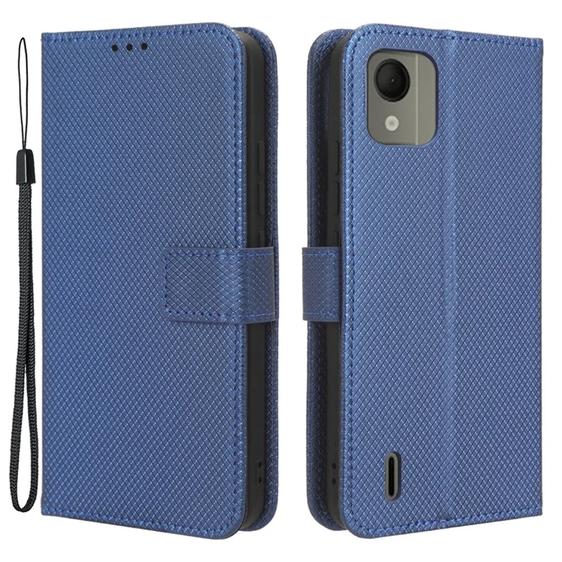 For Nokia C110 PU Leather Wallet Flip Case Diamond Texture Stand Phone Cover with Strap - Blue