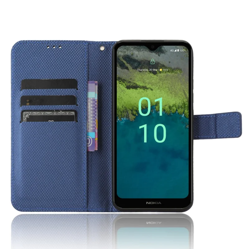 For Nokia C110 PU Leather Wallet Flip Case Diamond Texture Stand Phone Cover with Strap - Blue