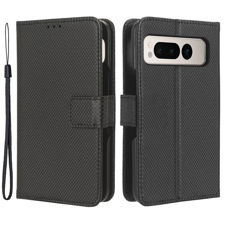PU Leather+PC Phone Case for Google Pixel Fold , Diamond Texture Stand Wallet Cover - Black