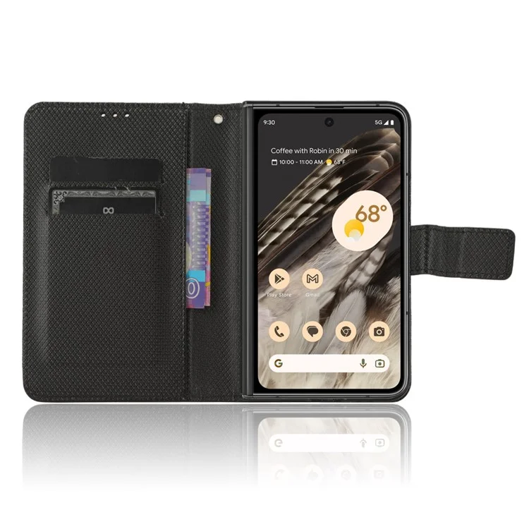 PU Leather+PC Phone Case for Google Pixel Fold , Diamond Texture Stand Wallet Cover - Black