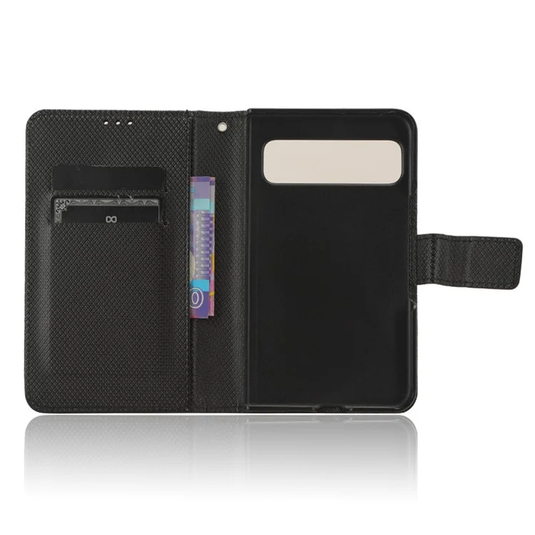 PU Leather+PC Phone Case for Google Pixel Fold , Diamond Texture Stand Wallet Cover - Black