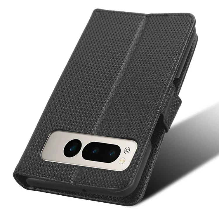 PU Leather+PC Phone Case for Google Pixel Fold , Diamond Texture Stand Wallet Cover - Black