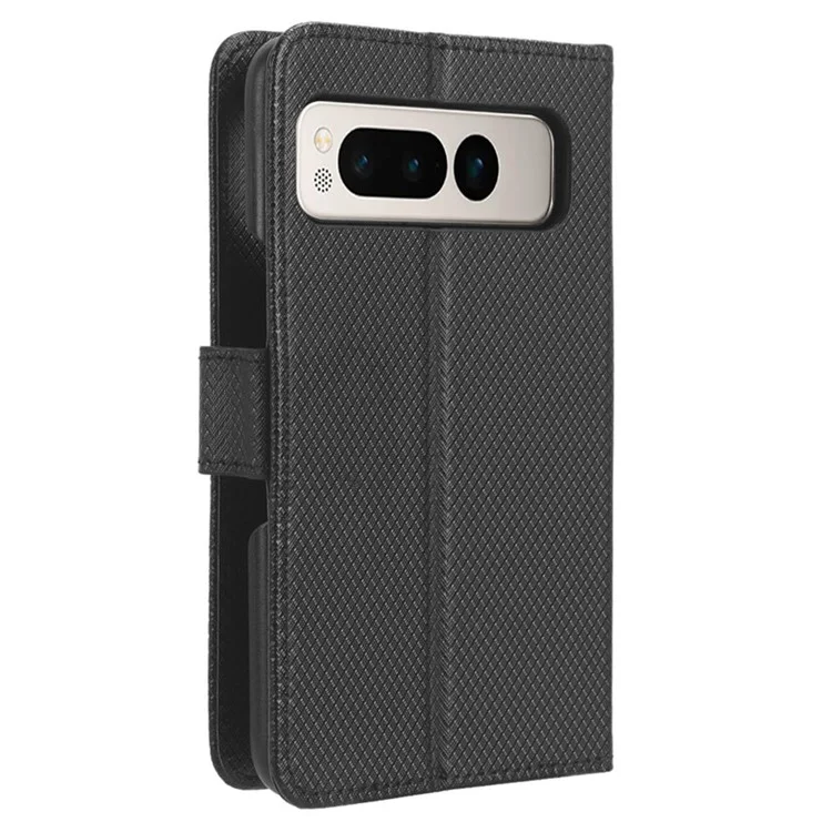 PU Leather+PC Phone Case for Google Pixel Fold , Diamond Texture Stand Wallet Cover - Black