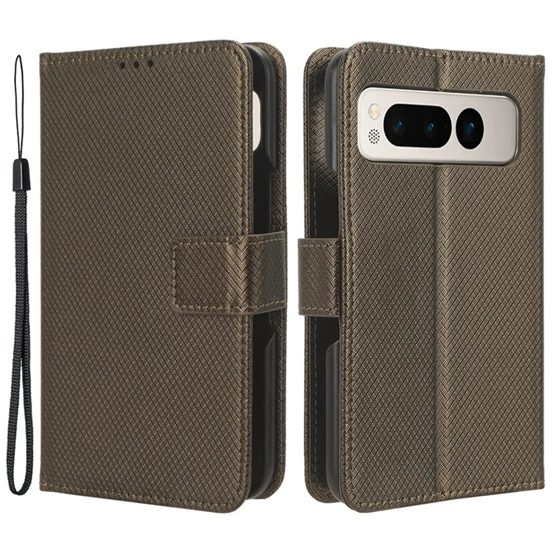 PU Leather+PC Phone Case for Google Pixel Fold , Diamond Texture Stand Wallet Cover - Brown
