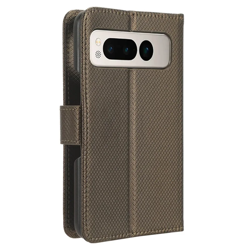 PU Leather+PC Phone Case for Google Pixel Fold , Diamond Texture Stand Wallet Cover - Brown