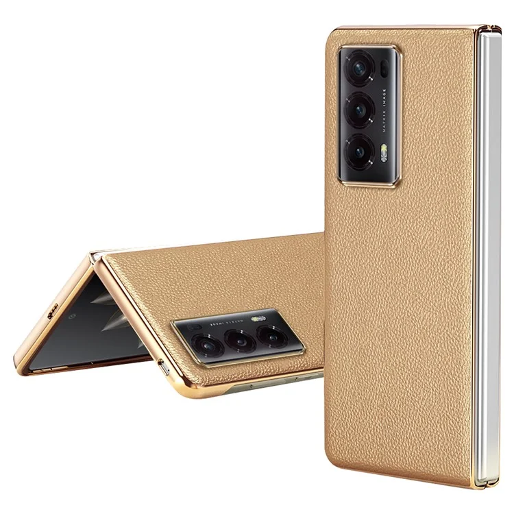 For Honor Magic V2 5G Electroplating Frame Phone Case Litchi Texture PU Leather Coated PC Protective Cover - Gold