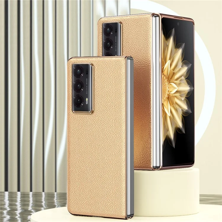 For Honor Magic V2 5G Carcasa de teléfono con marco electrolítico Textura de litchi Revestimiento de cuero PU Cubierta protectora PC - Oro 