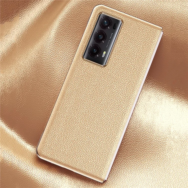 For Honor Magic V2 5G Carcasa de teléfono con marco electrolítico Textura de litchi Revestimiento de cuero PU Cubierta protectora PC - Oro 