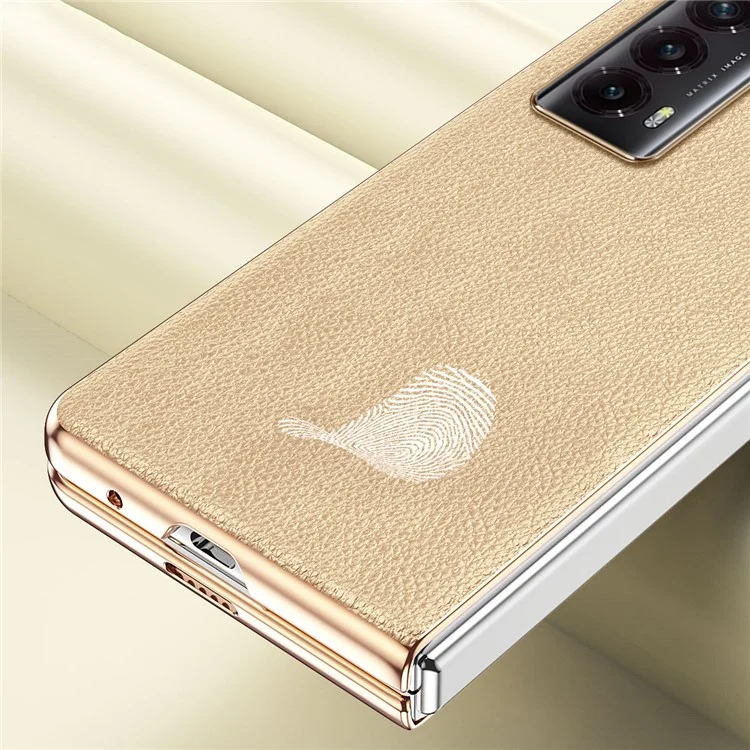 For Honor Magic V2 5G Carcasa de teléfono con marco electrolítico Textura de litchi Revestimiento de cuero PU Cubierta protectora PC - Oro 