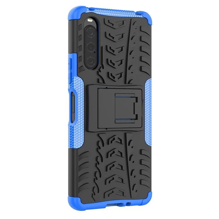 Für Sony Xperia 10 V PC+TPU 2-in-1 Handyhülle Reifenmuster Stoßfest Ständer Abdeckung - Blau
