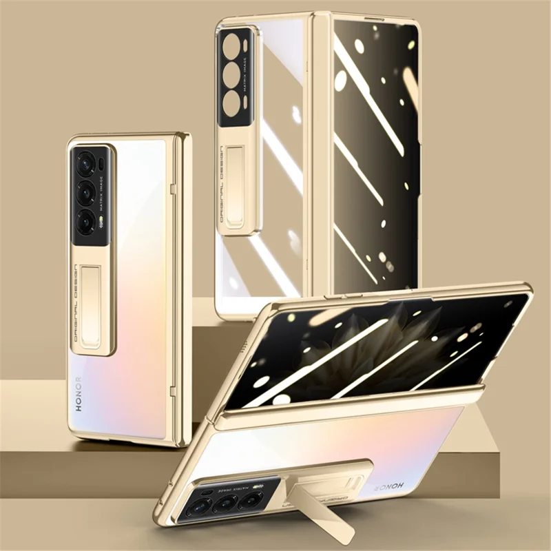 For Honor Magic V2 5G Hinge Protection Kickstand Cover Clear PC Electroplating Phone Case with Privacy Tempered Glass Film - Gold