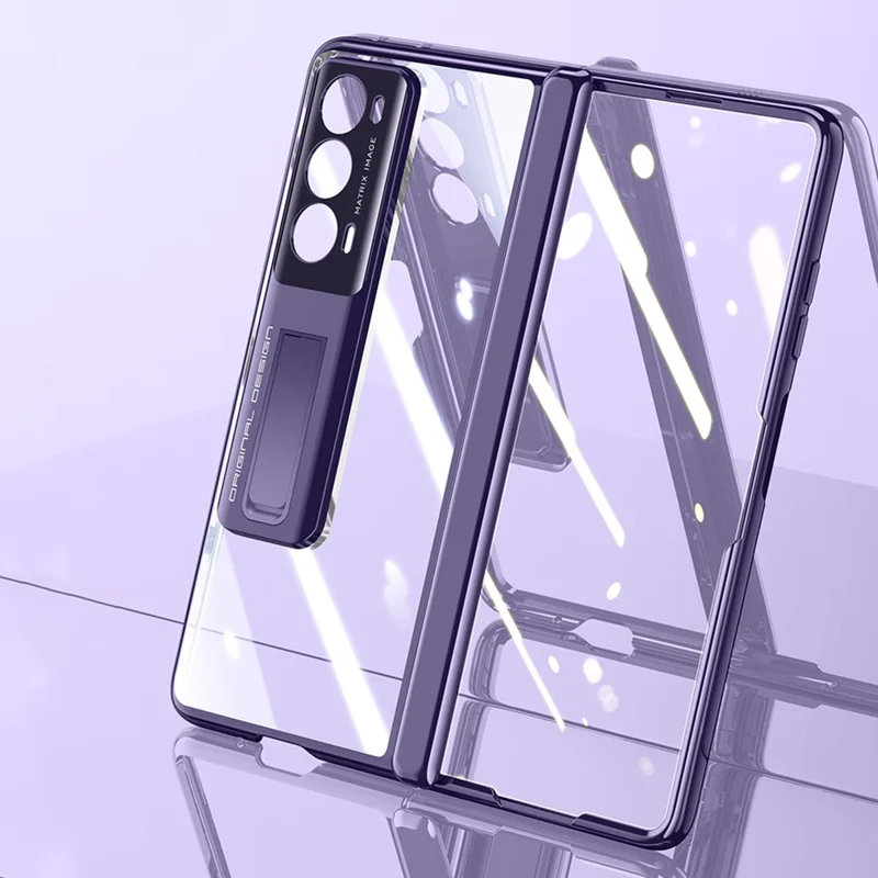 For Honor Magic V2 5G Hinge Protection Kickstand Cover Clear PC Electroplating Phone Case with Privacy Tempered Glass Film - Gold