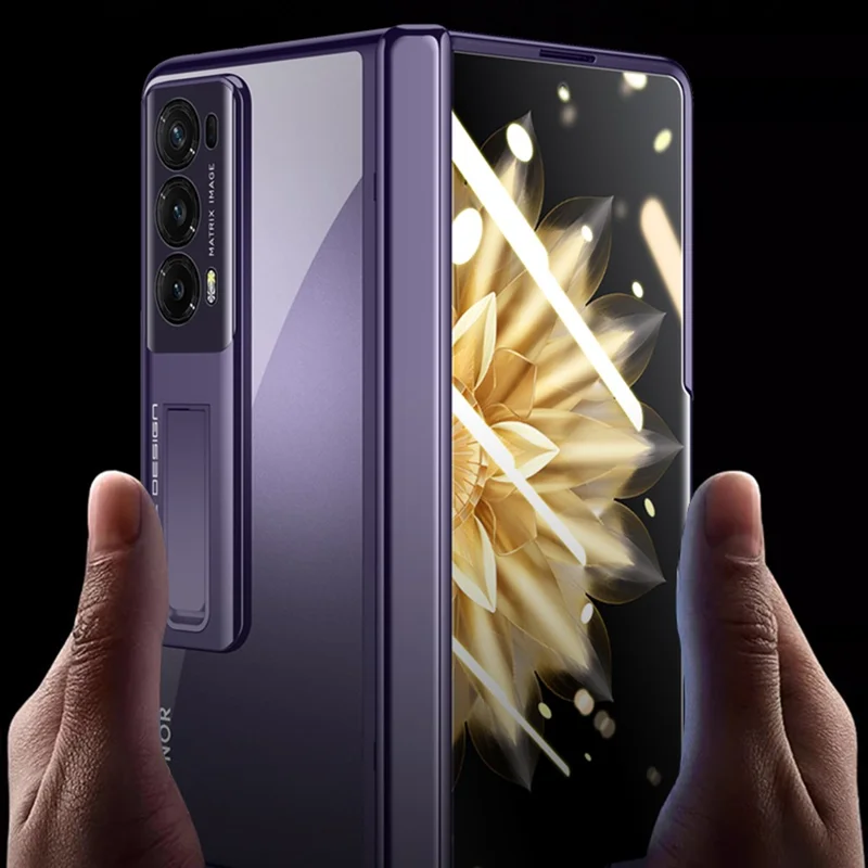 For Honor Magic V2 5G Hinge Protection Kickstand Cover Clear PC Electroplating Phone Case with Privacy Tempered Glass Film - Gold