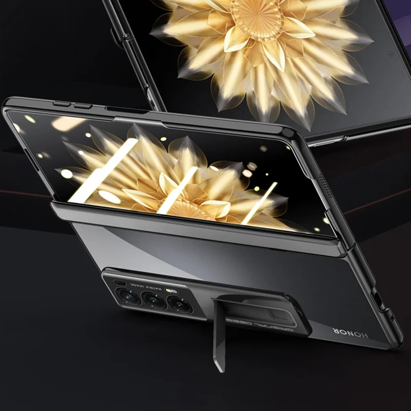 For Honor Magic V2 5G Hinge Protection Kickstand Cover Clear PC Electroplating Phone Case with Privacy Tempered Glass Film - Gold