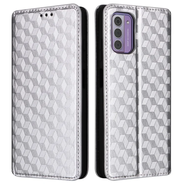 Phone Shell for Nokia C300 Bump Proof PU Leather Rhombus Imprinted Wallet Case Stand Flip Cover - Silver