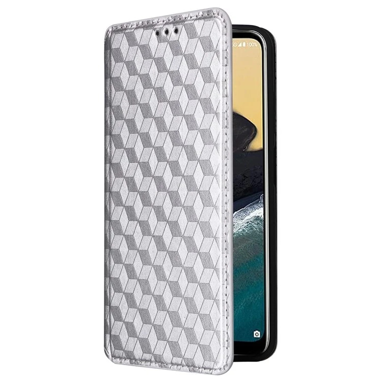Phone Shell for Nokia C300 Bump Proof PU Leather Rhombus Imprinted Wallet Case Stand Flip Cover - Silver