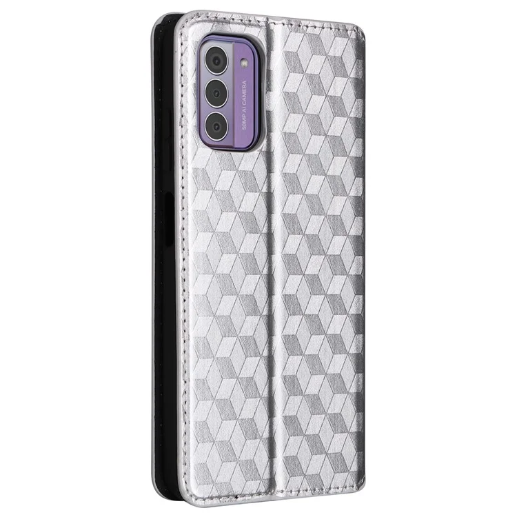 Phone Shell for Nokia C300 Bump Proof PU Leather Rhombus Imprinted Wallet Case Stand Flip Cover - Silver